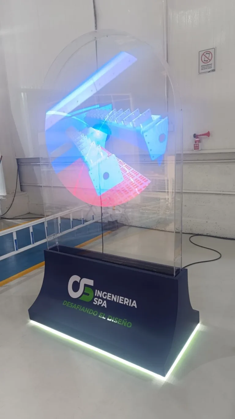 Tótem con cúpula de acrílico, base iluminada y ventilador holográfico para OS Ingeniería SpA, Antofagasta